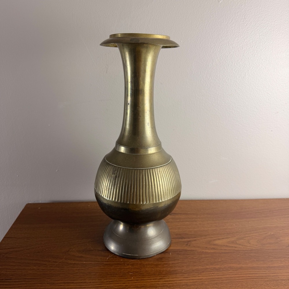 Vintage Solid Brass Vase Made in India 12" Ribbed Pedestal Bud Vase MCM Boho